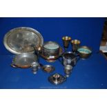 A quantity of brass, copper and plated items to include; jardinieres, a platter, goblets,