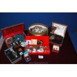A quantity of miscellaneous costume jewellery including; clip on earrings, two ladies watches,