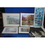 A quantity of prints to include; a French street scene, horse racing, Dunster Castle,