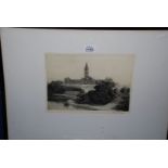 A framed etching of Glasgow University by George Kirk.