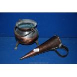 A conical shaped copper Jug and small copper cauldron, a/f.