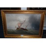 An Oil on board of sailing boats off shore in stormy seas; indistinctly signed lower right.