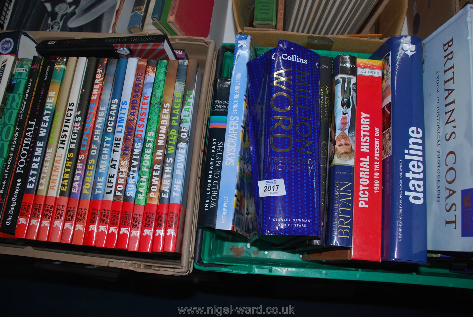 Two crates of books including Natures Mighty Powers, Football, Pictorial History,