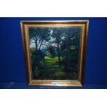 An Oil on board of a country landscape with trees and meadow, unsigned,