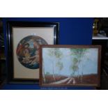 A framed print after Botticelli - La Vergine Col Bambino, along with a print of a country landscape.