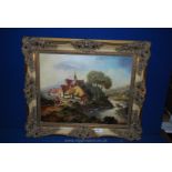 An ornate gilt framed oil on canvas depicting a riverside hamlet with figures,