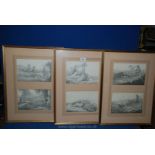 Six pencil sketches mounted in three frames depicting various hunting scenes, all signed Aiken,