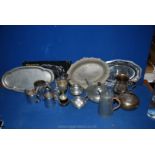 An Epns three-piece Teaset, boxed serving tray and other trays, Pewter three piece Teaset, etc.