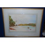 A large framed and mounted watercolour depicting a coastal scene with an anchored boat;