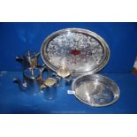 Two silver plated galleried serving Trays, together with a plated teapot, water jug,