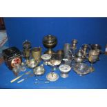 A quantity of plated and other metal items including boxed tankard by Pinder Brothers,