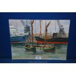 A Harold J.Watkins signed oil on board harbour with tugboats.
