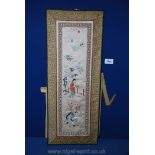 A hand embroidered oriental silk Panel, 24 1/2'' x 10''.