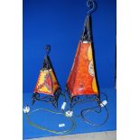 Two table Lamps in a pyramid shape with metal scrolling frame and hide covers in autumnal shades,