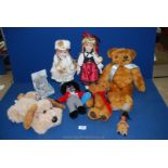 Two dolls on stand, three Teddy bears,