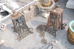 2 x heavy wrought iron lamp bases for pillar/wall top mounting, 28" high.