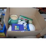 Box of large Denby jug, avocado dishes, cow creamer,