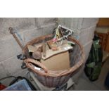 Wicker log basket, welding kit, fire irons, hand tools etc.