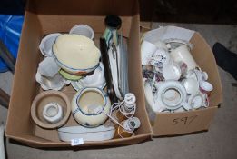 Two boxes of china including vases, table lamps, mugs,