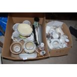 Two boxes of china including vases, table lamps, mugs,