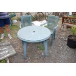 Small round patio green table 34" plus 2 chairs.