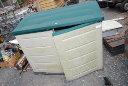 Plastic garden two door storage box 57" long x 30" wide x 42" high.