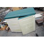 Plastic garden two door storage box 57" long x 30" wide x 42" high.