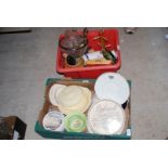 Two boxes of various serving dishes, flan dish, stone jar, butter dish etc.