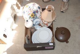 Box of china including Denby dinner plates, casserole, blue and white china, etc.