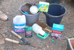 2 x buckets, garden lawn seed, tools, etc.