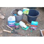 2 x buckets, garden lawn seed, tools, etc.