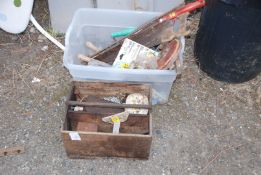 Box of garden hand tools, leather tape measure 30', shelf brackets, etc.