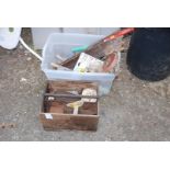 Box of garden hand tools, leather tape measure 30', shelf brackets, etc.