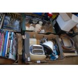 Two boxes of toaster, kettle, iron, kitchen utensils, radio cassette player,