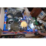 Three boxes of kitchen metal ware, cake trays, saucepans and scales.