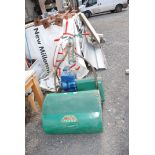 Webb cylinder lawn mower 24" cut with petrol engine, grass box and trailed seat-attachment hitch.