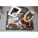 Box of miscellanea including carved wooden boxes,