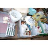 2 x boxes misc. glass, plates, kitchen clock, cutlery, Kenwood mixing bowl and mixers.