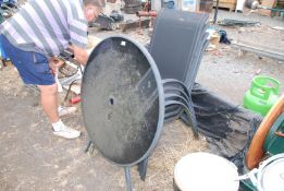 Circular glass top patio table 85cm diameter plus four matching chairs.