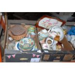 Quantity of china, teapot, vases, jugs and embroidered sewing tray.
