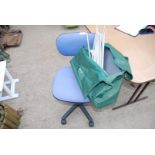 Child's blue computer chair, aluminium short poles and bathroom scales.