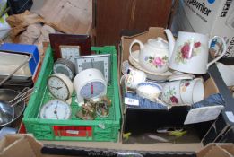 Box of various alarm clocks and box of part tea services