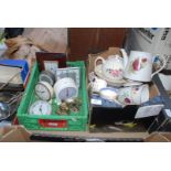 Box of various alarm clocks and box of part tea services