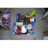 2 x boxes kitchen metal ware: kettle, cake tins etc.