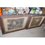 2 x oak framed prints depicting tavern scene, horseman etc. one a/f.
