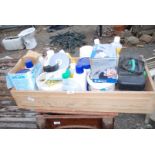 Box of spa fluids and pond fluids.