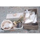 Old fruit box, brass companion set, brass beer taps, metal tool box and various fittings.
