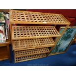 Two pine slatted book or display shelves