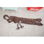 Large heavy towing chain with hook and D shackle 160" long.