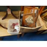 Box of decanter stoppers, wooden carved plaques and printing block.